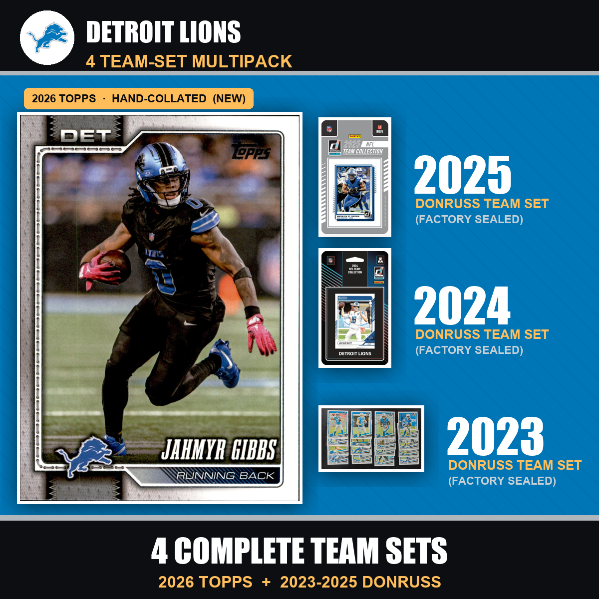 Detroit Lions Football Team Set Multipack - 2026 Topps + 2025 2024 2023 Donruss - 4 Complete Team Sets - Jahmyr Gibbs