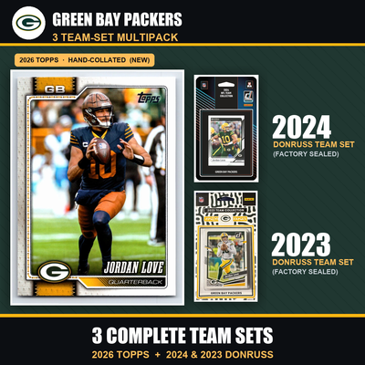 Green Bay Packers Football Team Set Multipack - 2026 Topps + 2024 2023 Donruss - 3 Complete Team Sets - Jordan Love