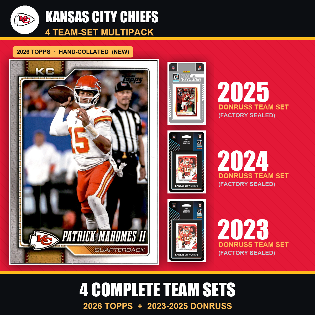 Kansas City Chiefs Football Team Set Multipack - 2026 Topps + 2025 2024 2023 Donruss - 4 Complete Team Sets - Patrick Mahomes II