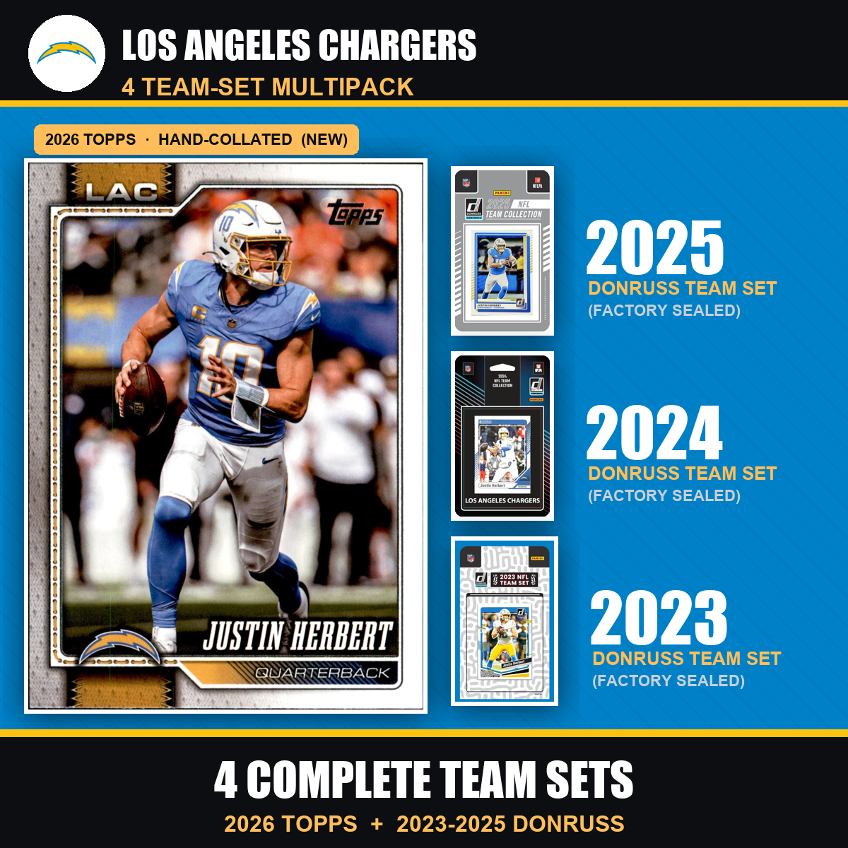 Los Angeles Chargers Football Team Set Multipack - 2026 Topps + 2025 2024 2023 Donruss - 4 Complete Team Sets - Justin Herbert
