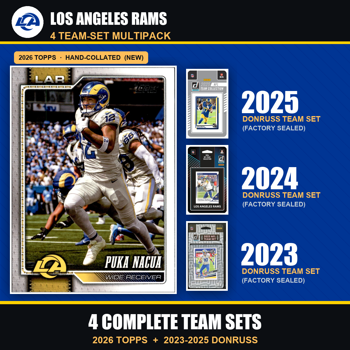 Los Angeles Rams Football Team Set Multipack - 2026 Topps + 2025 2024 2023 Donruss - 4 Complete Team Sets - Puka Nacua