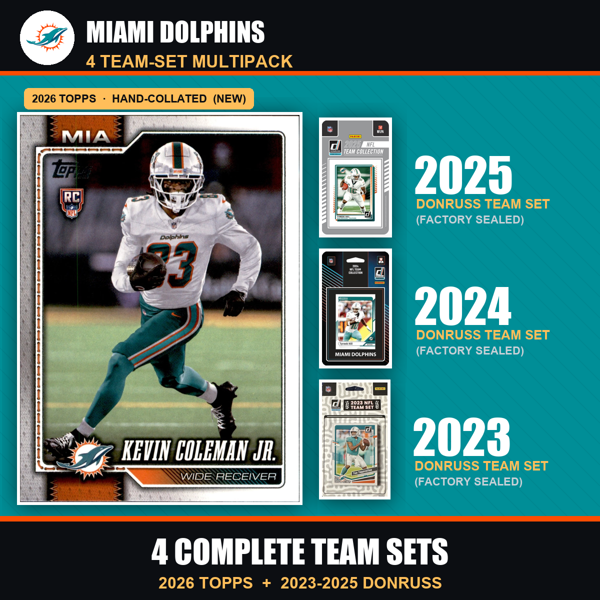 Miami Dolphins Football Team Set Multipack - 2026 Topps + 2025 2024 2023 Donruss - 4 Complete Team Sets - De'Von Achane