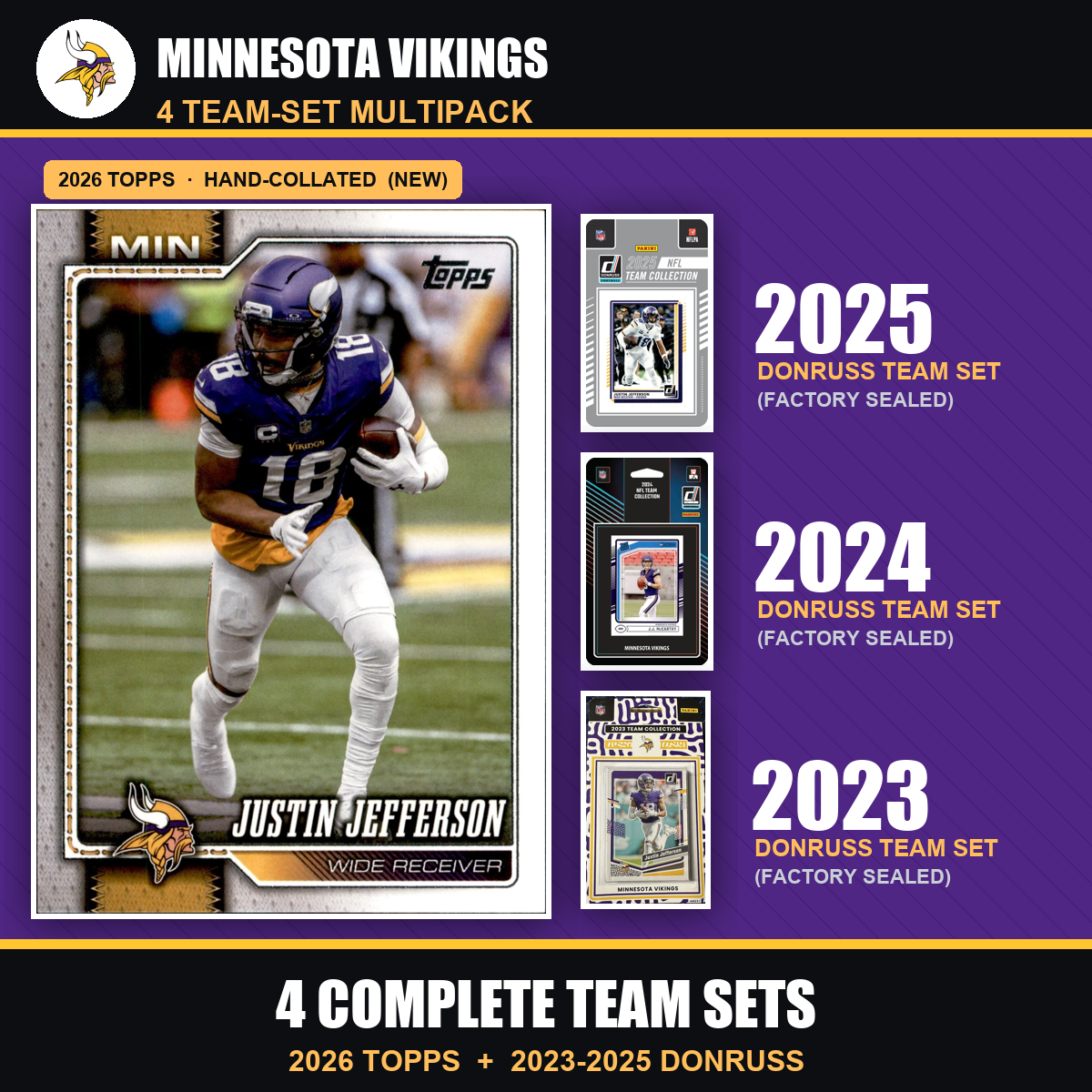 Minnesota Vikings Football Team Set Multipack - 2026 Topps + 2025 2024 2023 Donruss - 4 Complete Team Sets - Justin Jefferson