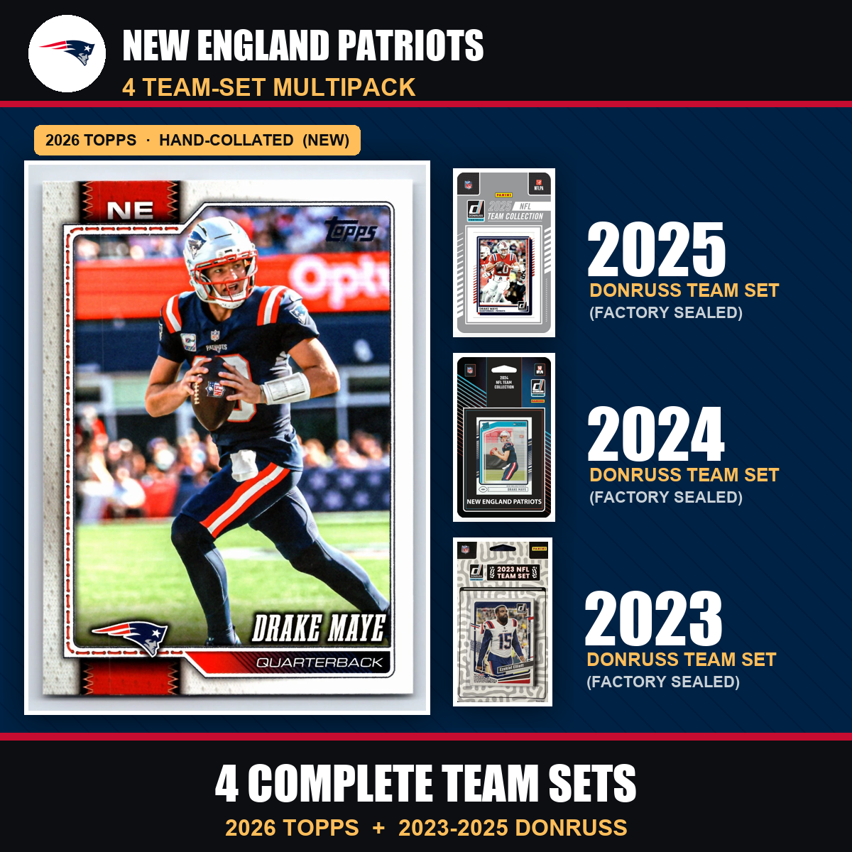 New England Patriots Football Team Set Multipack - 2026 Topps + 2025 2023 Donruss - 3 Complete Team Sets - Drake Maye