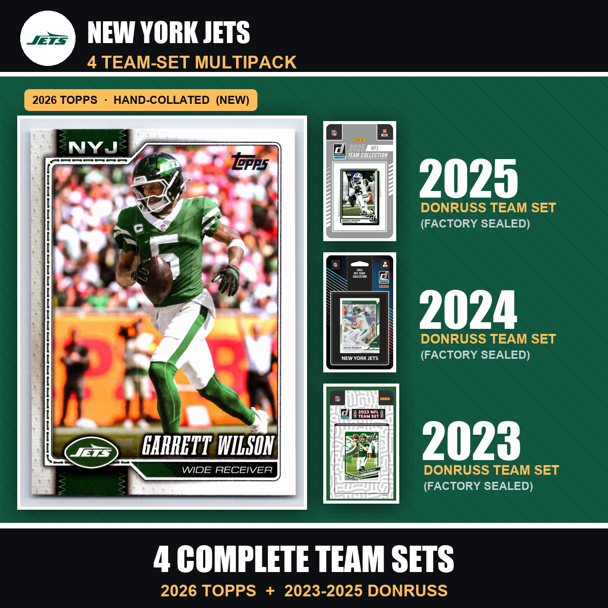 New York Jets Football Team Set Multipack - 2026 Topps + 2025 2024 2023 Donruss - 4 Complete Team Sets - Garrett Wilson