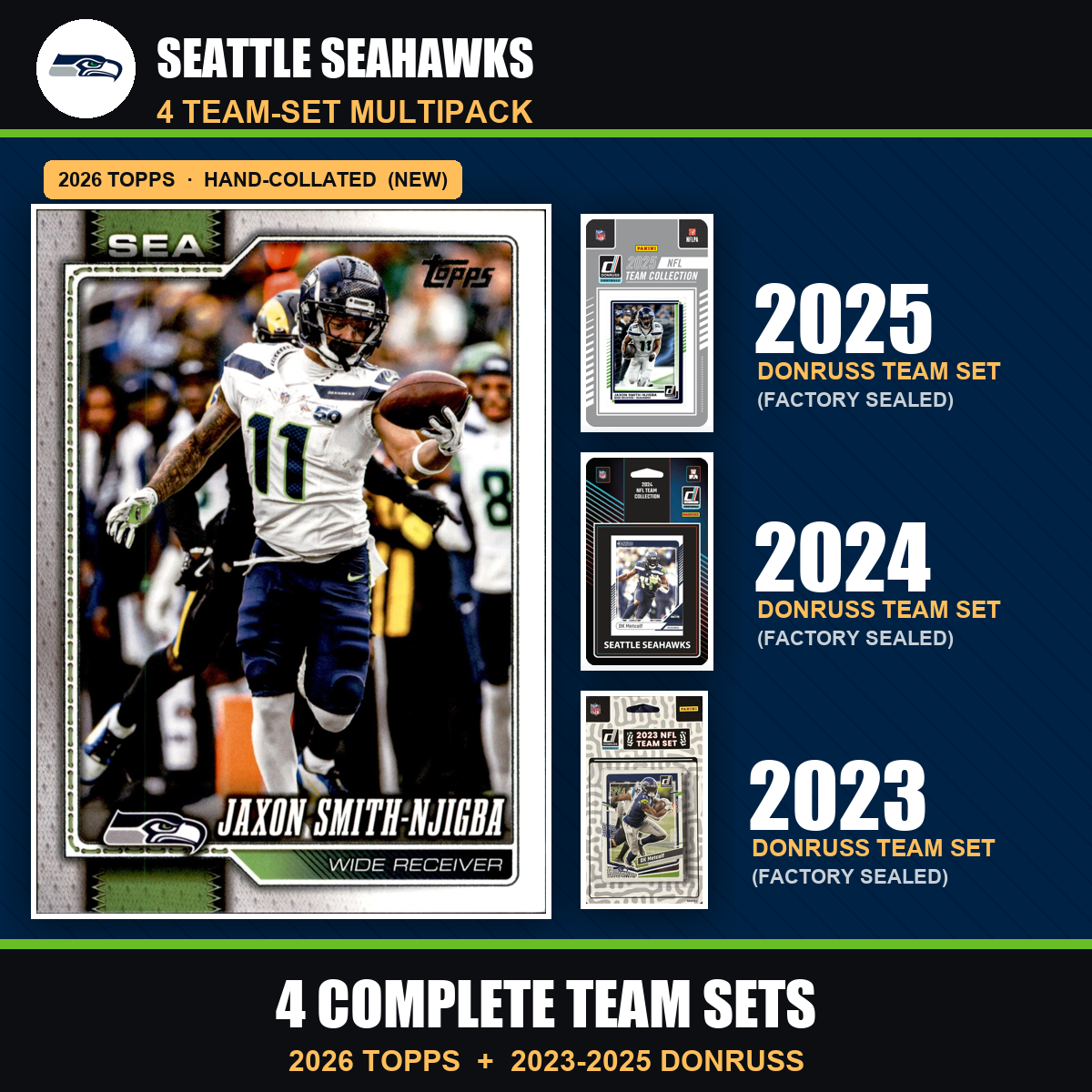 Seattle Seahawks Football Team Set Multipack - 2026 Topps + 2025 2024 2023 Donruss - 4 Complete Team Sets - Jaxon Smith-Njigba