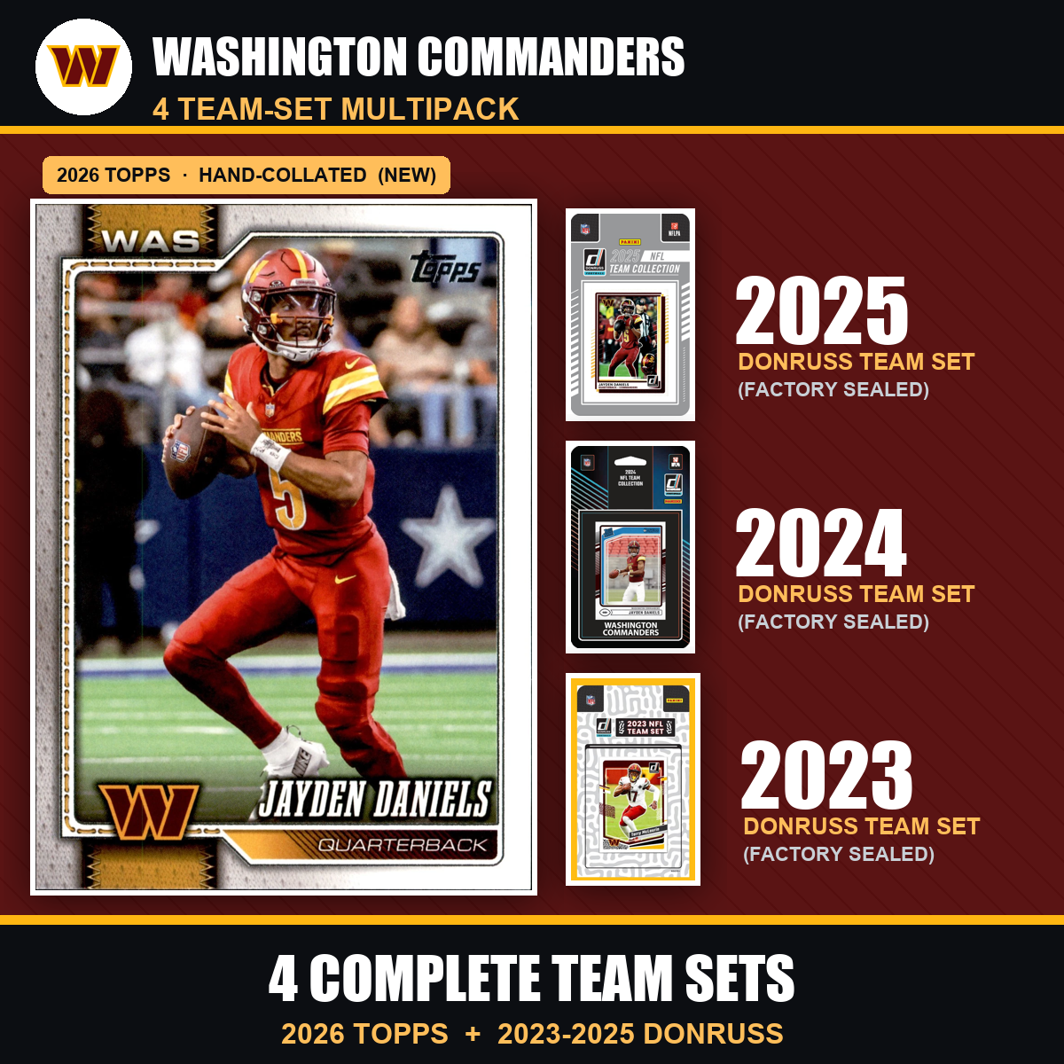 Washington Commanders Football Team Set Multipack - 2026 Topps + 2025 2024 2023 Donruss - 4 Complete Team Sets - Jayden Daniels