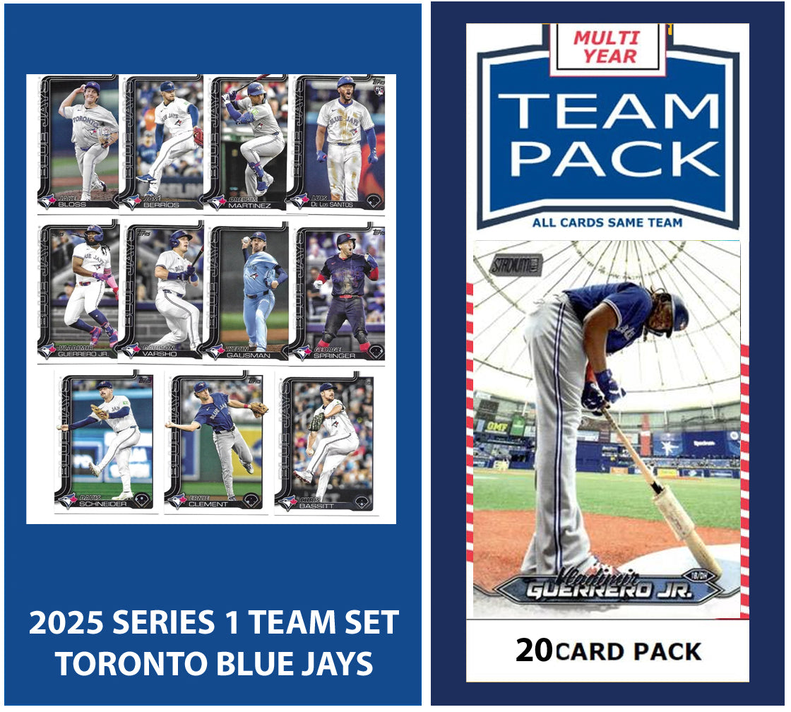 Multiyear - Toronto Blue Jays 20 Card Team Pack 2024 2023 2022 + 2025 Topps Series 1  Toronto Blue Jays - 11 Cards - Baseball Card Team Set Vladimir Guerrero Jr. George Springer Gausman Orelvis Martinez RC plaque
