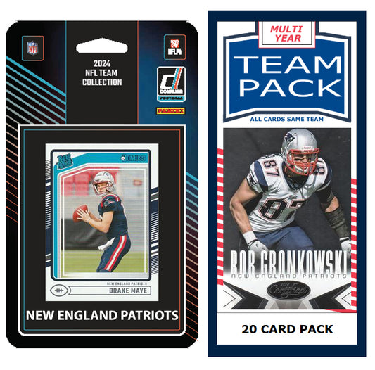 New England Patriots 2025 2024 2023 Team Pack 20 Cards Gronkowski + 2024 Donruss Team Set Drake Maye RC plaque