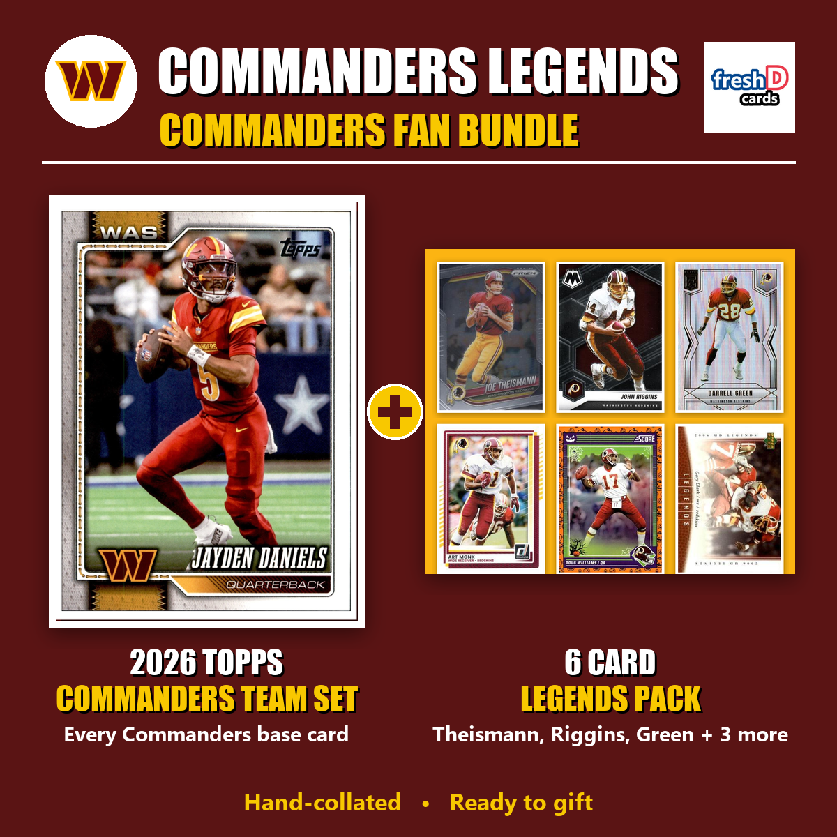 Washington Commanders Legends Football Fan Bundle - 2026 Topps Team Set + 6 Card Legends Pack