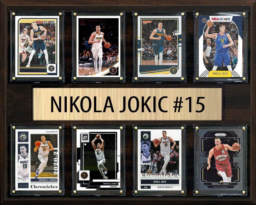 Nikola Jokic 8 Card basketball plaque with 8 trading cards and engraved nameplate, 12x15 fan cave display