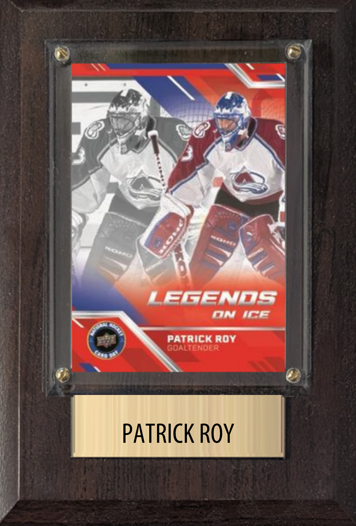 Patrick Roy Montreal Canadiens HOF hockey plaque with 1 trading card and engraved nameplate, 4x6 fan cave display