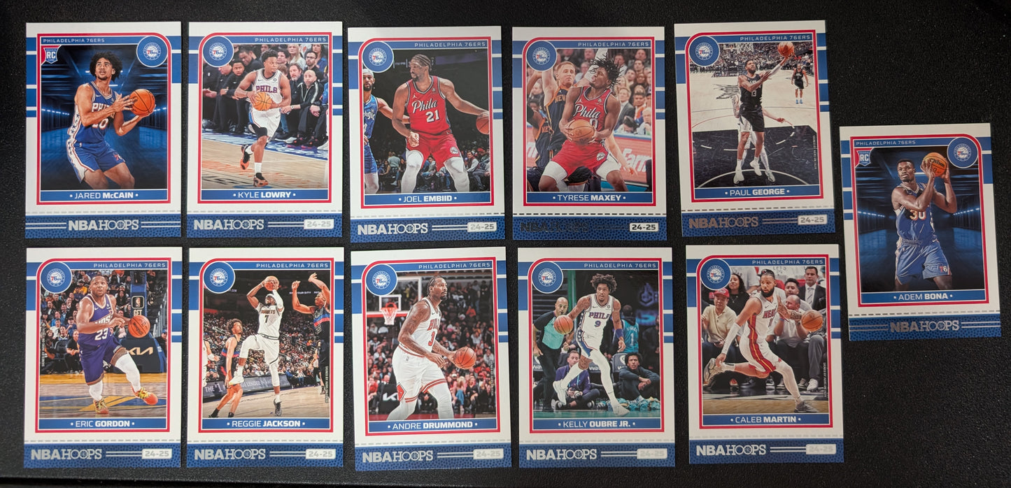 Philadelphia 76ers Multiyear Pack 20 Cards Iverson + 2024-25 HOOPS Team Set Joel Embiid plaque
