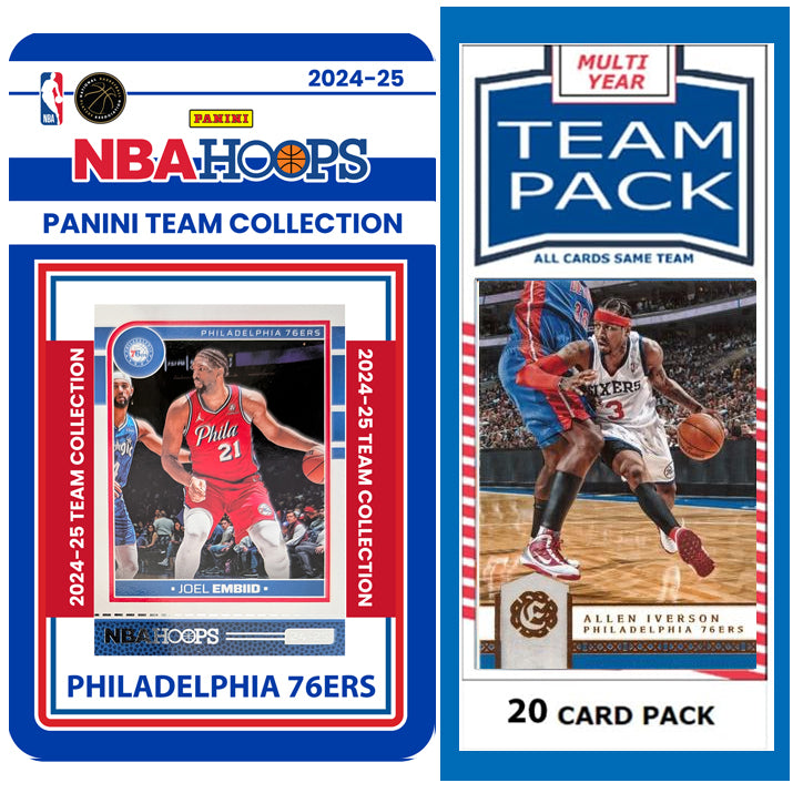 Philadelphia 76ers Multiyear Pack 20 Cards Iverson + 2024-25 HOOPS Team Set Joel Embiid plaque