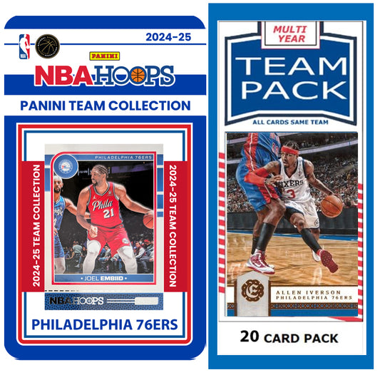 Philadelphia 76ers Multiyear Pack 20 Cards Iverson + 2024-25 HOOPS Team Set Joel Embiid plaque