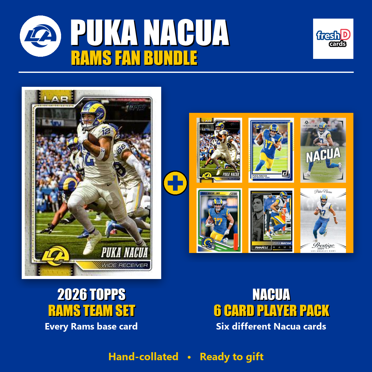 Puka Nacua Los Angeles Rams Football Fan Bundle - 2026 Topps Team Set + 6 Card Player Pack