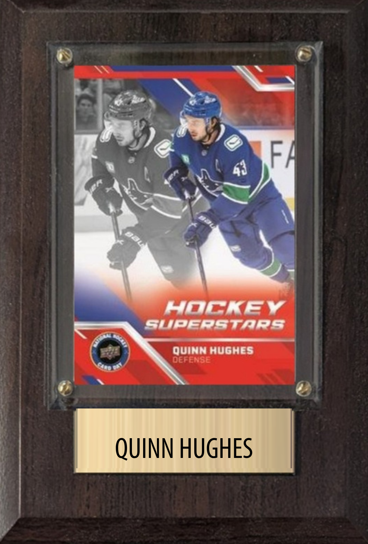 Quinn Hughes Vancouver Canucks hockey plaque with 1 trading card and engraved nameplate, 4x6 fan cave display