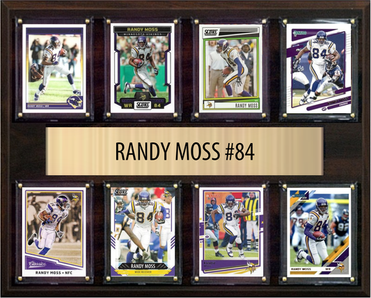 Randy Moss Minnesota Vikings football plaque with 8 trading cards and engraved nameplate, 12x15 fan cave display