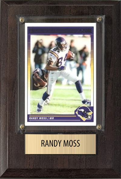 Randy Moss Minnesota Vikings football plaque with 1 trading card and engraved nameplate, 4x6 fan cave display