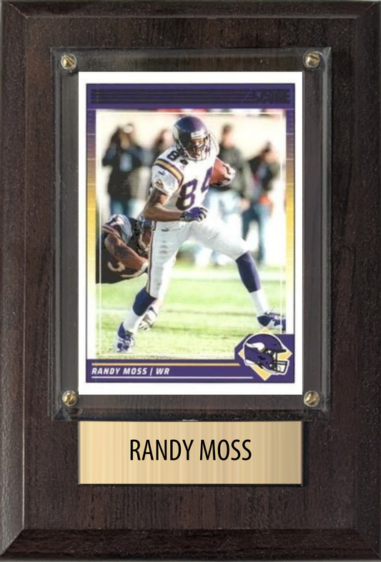 Randy Moss Minnesota Vikings football plaque with 1 trading card and engraved nameplate, 4x6 fan cave display