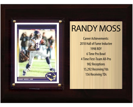 Randy Moss Minnesota Vikings football stats plaque with 1 trading card and engraved nameplate, 6x8 fan cave display