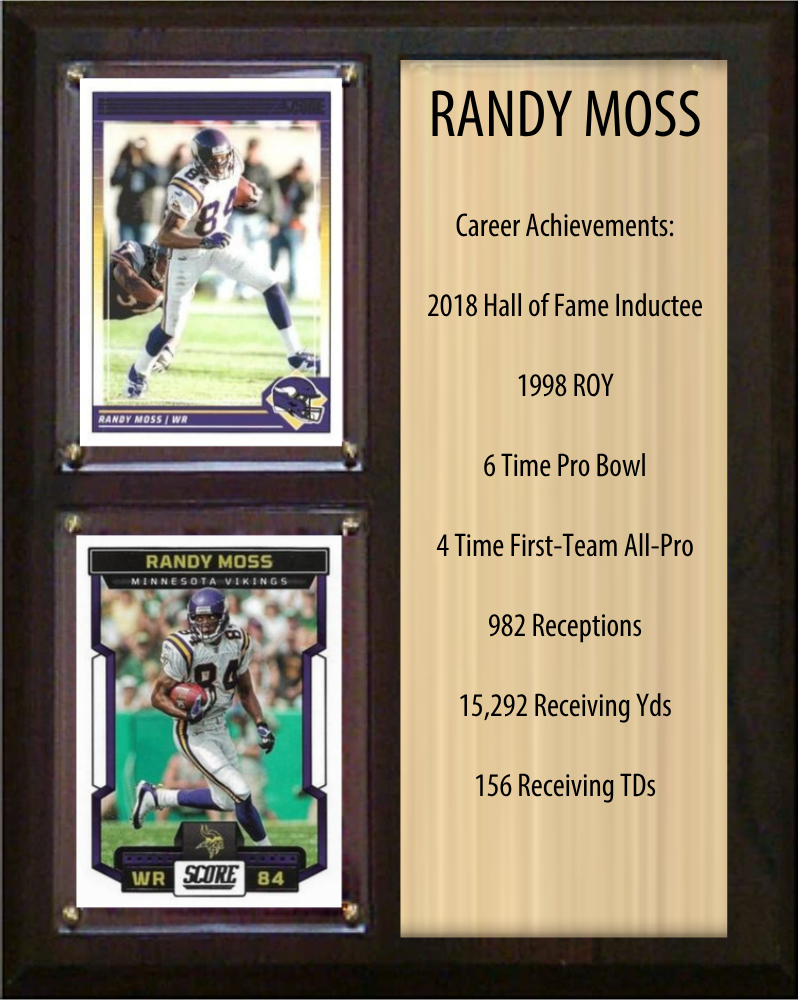 Randy Moss Minnesota Vikings football stats plaque with 2 trading cards and engraved nameplate, 8x10 fan cave display
