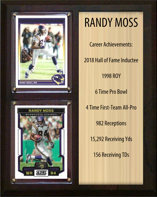 Randy Moss Minnesota Vikings football stats plaque with 2 trading cards and engraved nameplate, 8x10 fan cave display