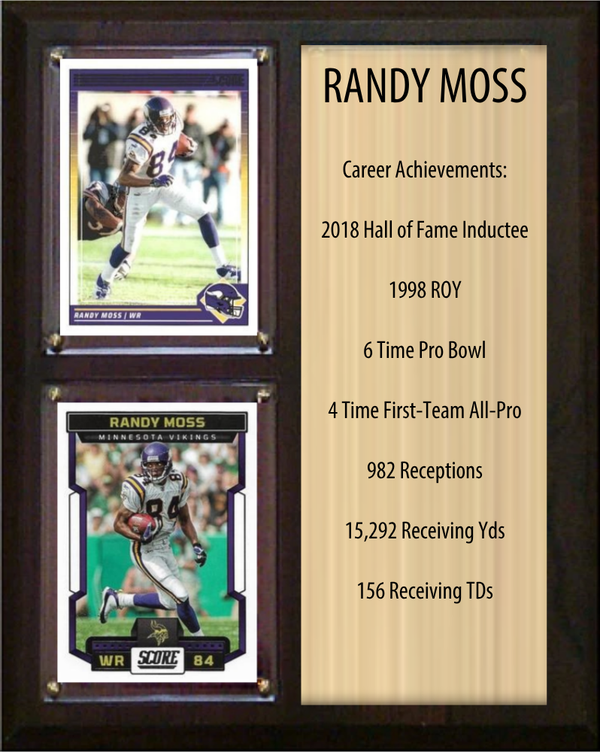 Randy Moss Minnesota Vikings football stats plaque with 2 trading cards and engraved nameplate, 8x10 fan cave display