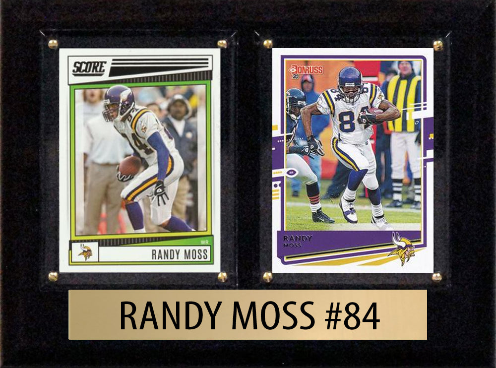 Randy Moss Score Donruss 2025 2024  2 Card 6" x 8" football plaque with 2 trading cards and engraved nameplate, 6x8 fan cave display