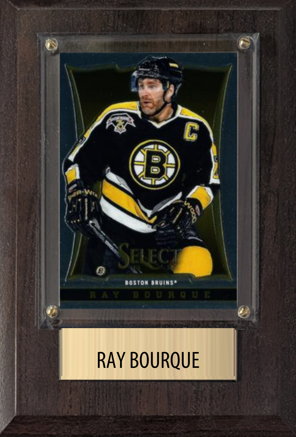Ray Bourque Boston Bruins HOF hockey plaque with 1 trading card and engraved nameplate, 4x6 fan cave display