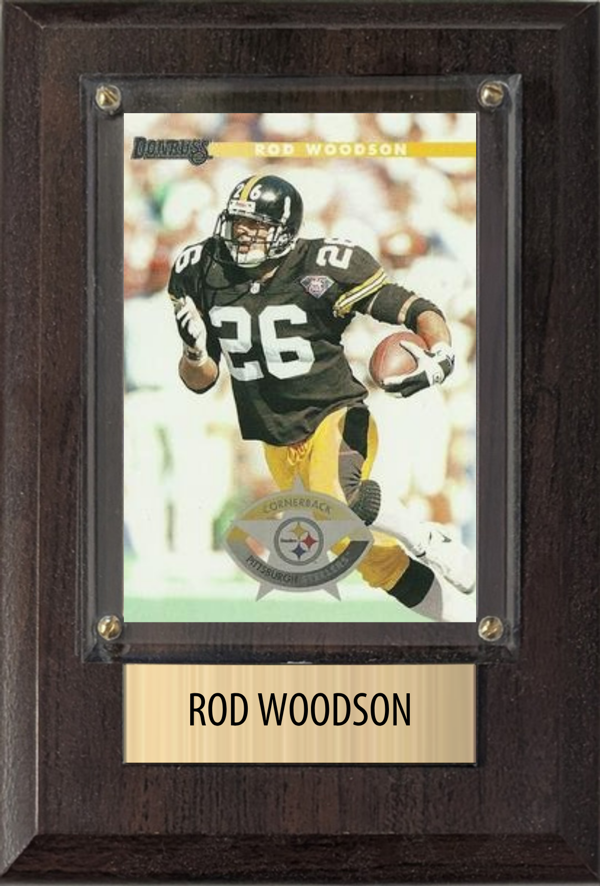 Rod Woodson Pittsburgh Steelers football plaque with 1 trading card and engraved nameplate, 4x6 fan cave display