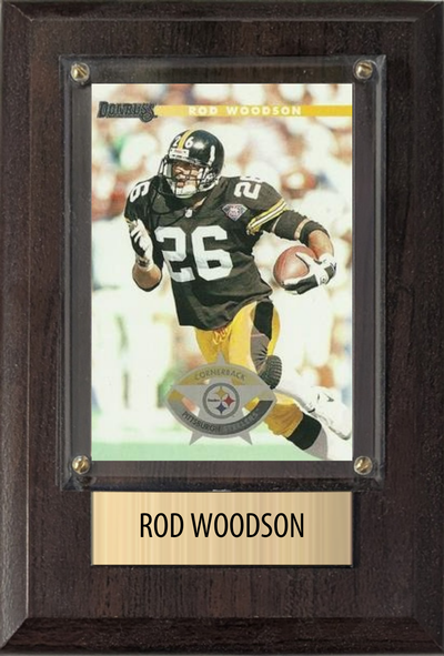 Rod Woodson Pittsburgh Steelers football plaque with 1 trading card and engraved nameplate, 4x6 fan cave display