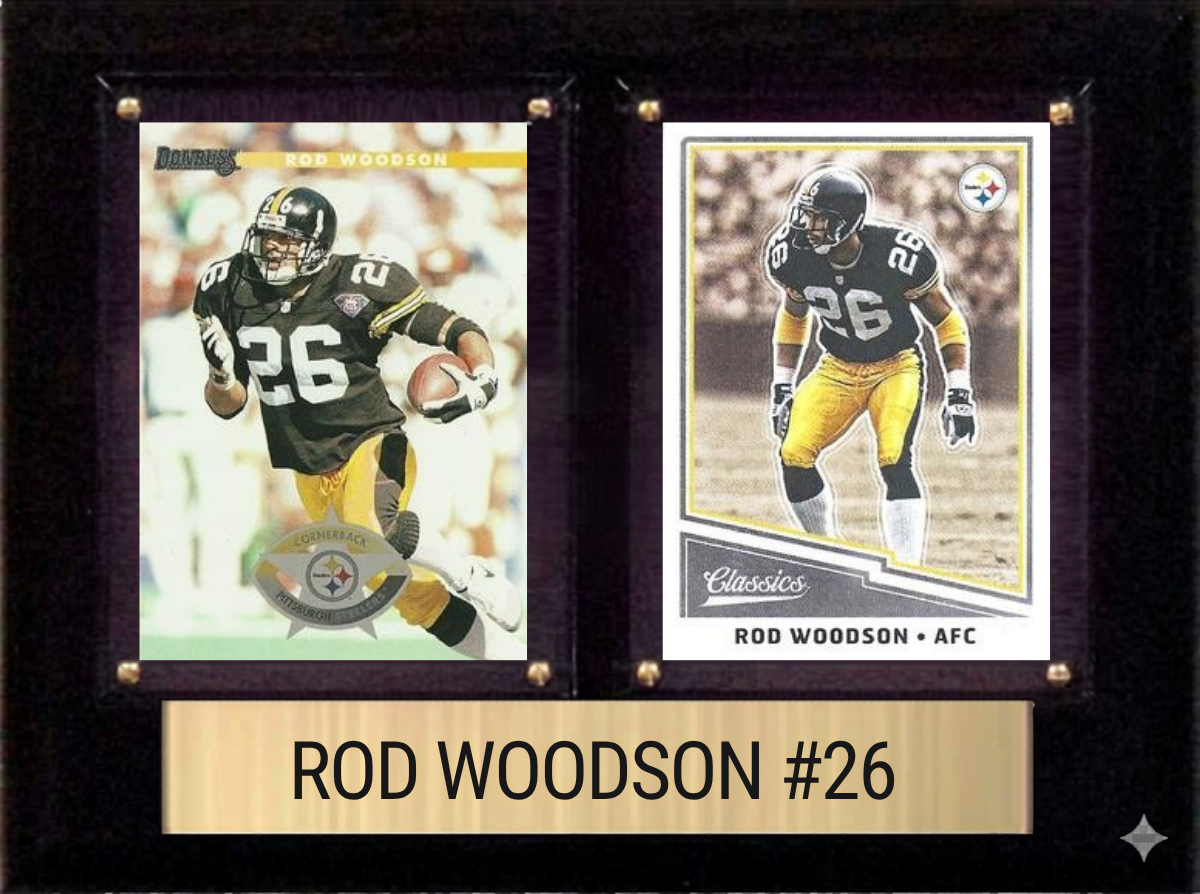 Rod Woodson Pittsburgh Steelers football plaque with 2 trading cards and engraved nameplate, 6x8 fan cave display