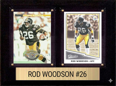 Rod Woodson Pittsburgh Steelers football plaque with 2 trading cards and engraved nameplate, 6x8 fan cave display