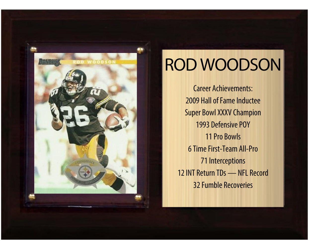 Rod Woodson Pittsburgh Steelers football stats plaque with 1 trading card and engraved nameplate, 6x8 fan cave display