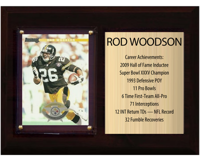 Rod Woodson Pittsburgh Steelers football stats plaque with 1 trading card and engraved nameplate, 6x8 fan cave display
