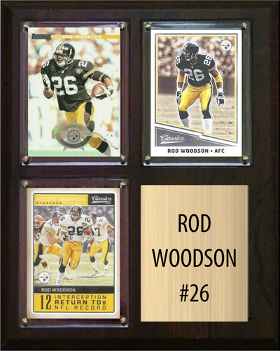 Rod Woodson Pittsburgh Steelers football plaque with 3 trading cards and engraved nameplate, 8x10 fan cave display