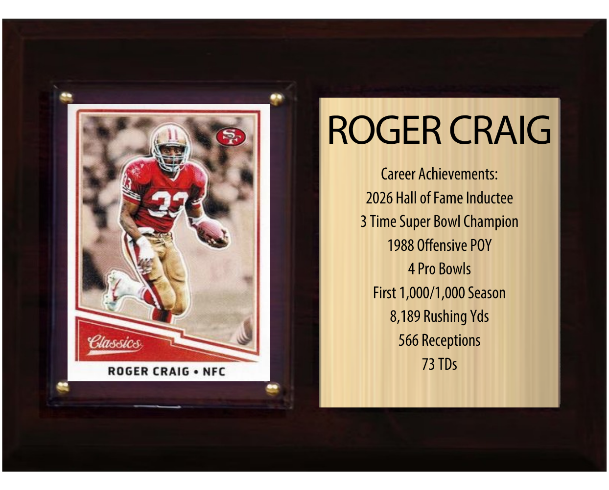 Roger Craig San Francisco 49ers football stats plaque with 1 trading card and engraved nameplate, 6x8 fan cave display