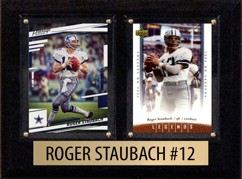 Roger Staubach Dallas Cowboys Donruss Panini Topps football plaque with 2 trading cards and engraved nameplate, 6x8 fan cave display