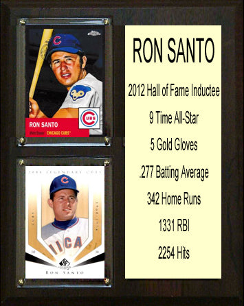 Ron Santo Chicago Cubs 2012 MLB HOF 2 Card baseball plaque with 3 trading cards and engraved nameplate, 8x10 fan cave display