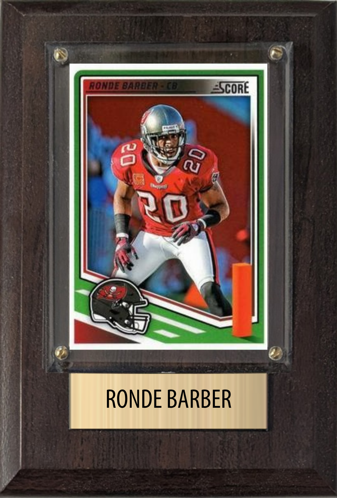 Ronde Barber Tampa Bay Buccaneers football plaque with 1 trading card and engraved nameplate, 4x6 fan cave display