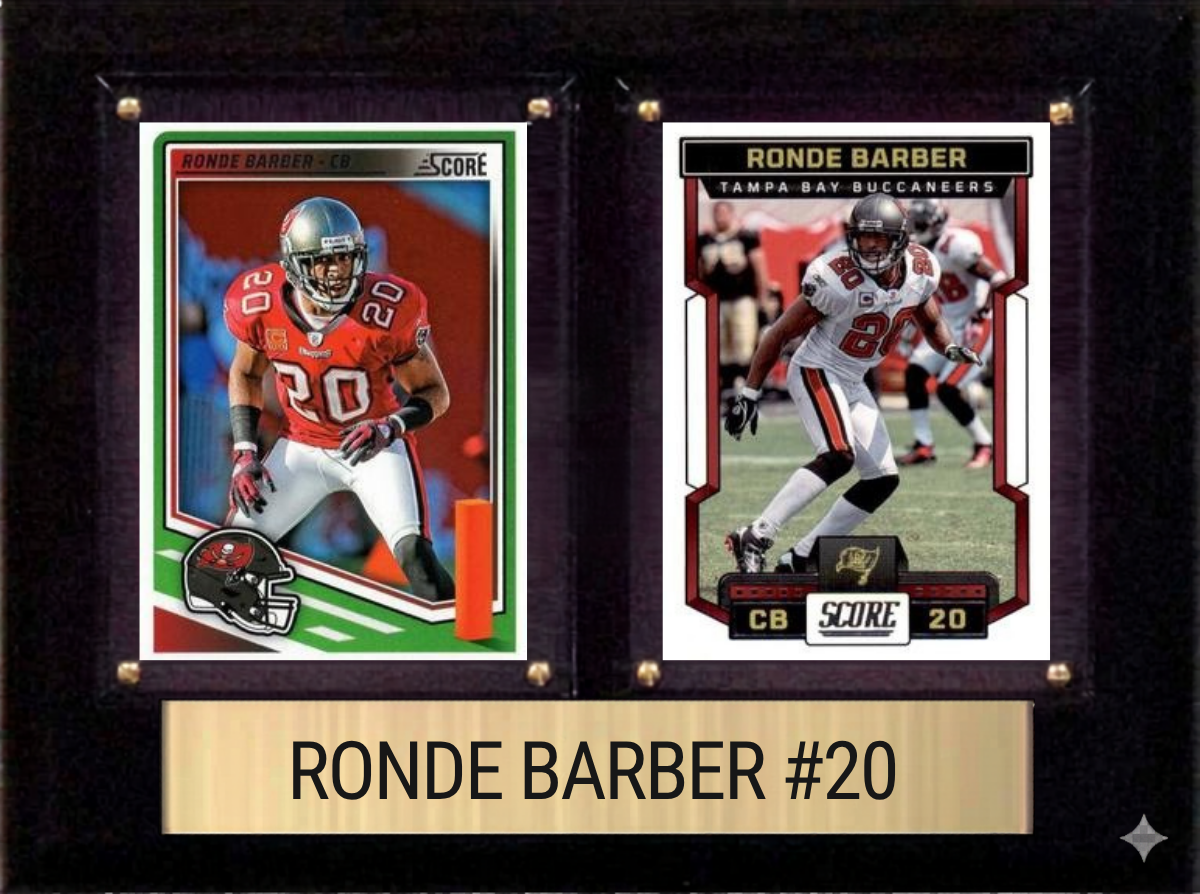 Ronde Barber Tampa Bay Buccaneers football plaque with 2 trading cards and engraved nameplate, 6x8 fan cave display