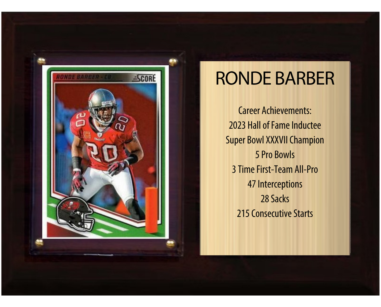Ronde Barber Tampa Bay Buccaneers football stats plaque with 1 trading card and engraved nameplate, 6x8 fan cave display