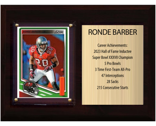 Ronde Barber Tampa Bay Buccaneers football stats plaque with 1 trading card and engraved nameplate, 6x8 fan cave display