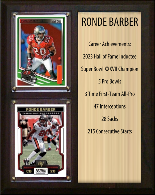 Ronde Barber Tampa Bay Buccaneers football stats plaque with 2 trading cards and engraved nameplate, 8x10 fan cave display