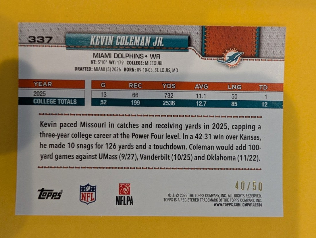 Kevin Coleman Jr. Canvas 2026 Topps Football back