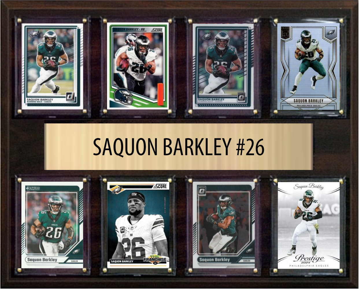 Saquon Barkley Philadelphia Eagles football plaque with 8 trading cards and engraved nameplate, 12x15 fan cave display