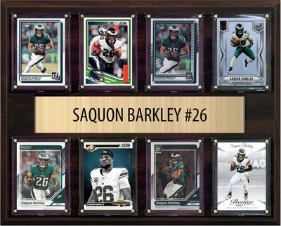 Saquon Barkley Philadelphia Eagles football plaque with 8 trading cards and engraved nameplate, 12x15 fan cave display