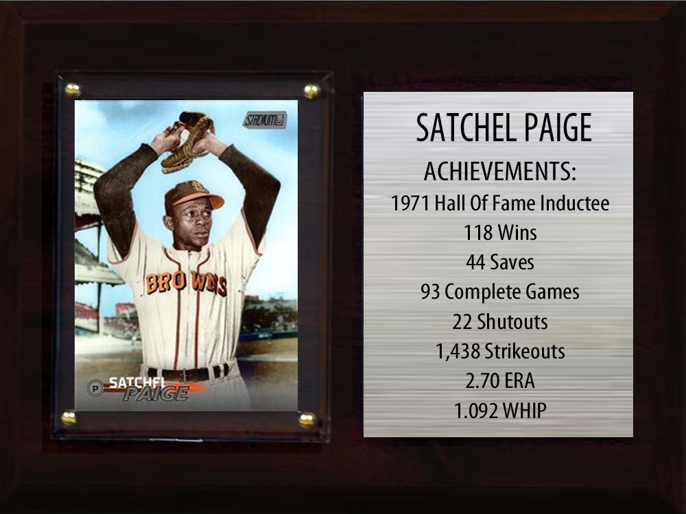 Satchel Paige baseball plaque with 2 trading cards and engraved nameplate, 6x8 fan cave display