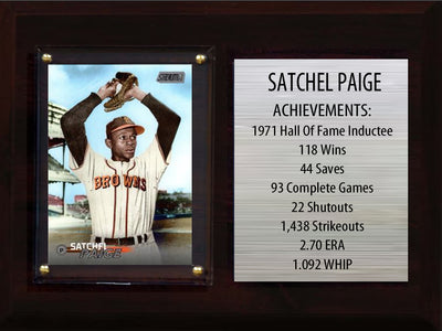 Satchel Paige baseball plaque with 2 trading cards and engraved nameplate, 6x8 fan cave display
